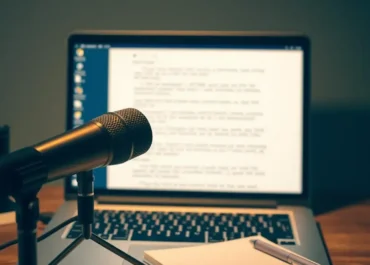 Microphone, laptop screen, text appearing, note-taking, digital interface.