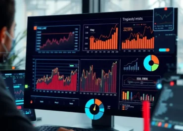 AI analyzing data, charts, and risk indicators.