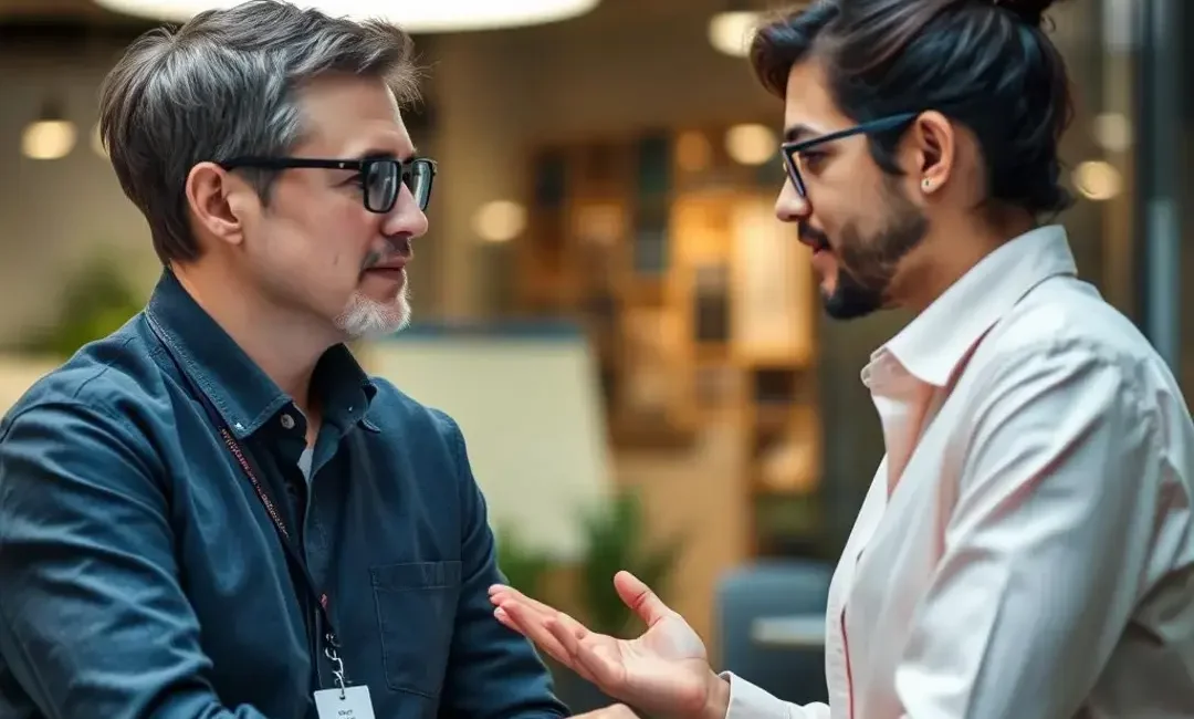 Two people discussing job opportunities with a digital interface.