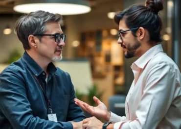 Two people discussing job opportunities with a digital interface.