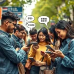 Diverse people chatting with devices in multiple languages.