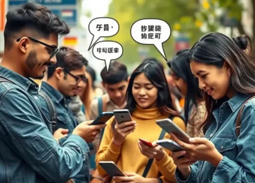 Diverse people chatting with devices in multiple languages.