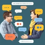 Two people conversing with speech bubbles and translation icons.