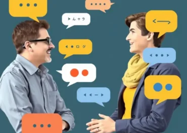 Two people conversing with speech bubbles and translation icons.