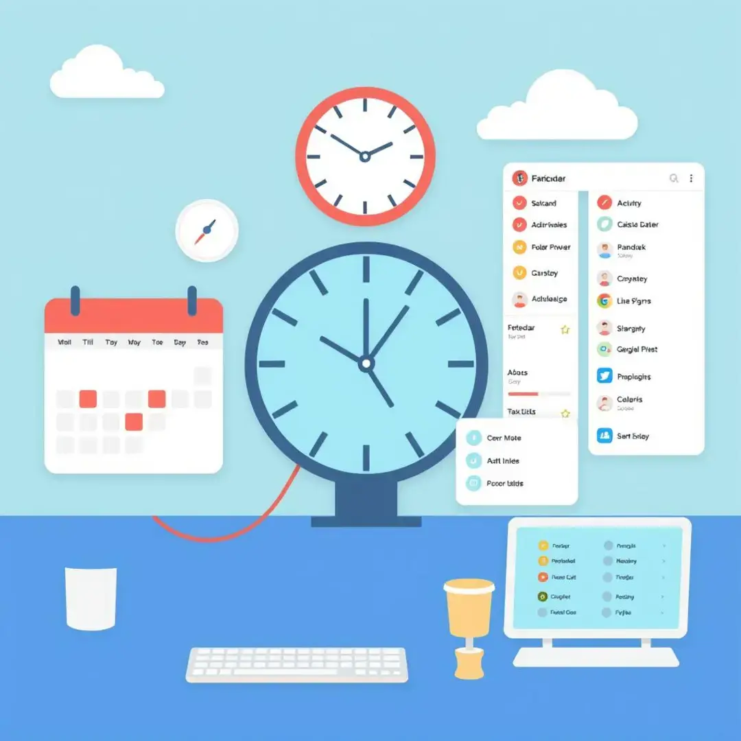 Calendar, clock, computer screen, task lists, user interface.