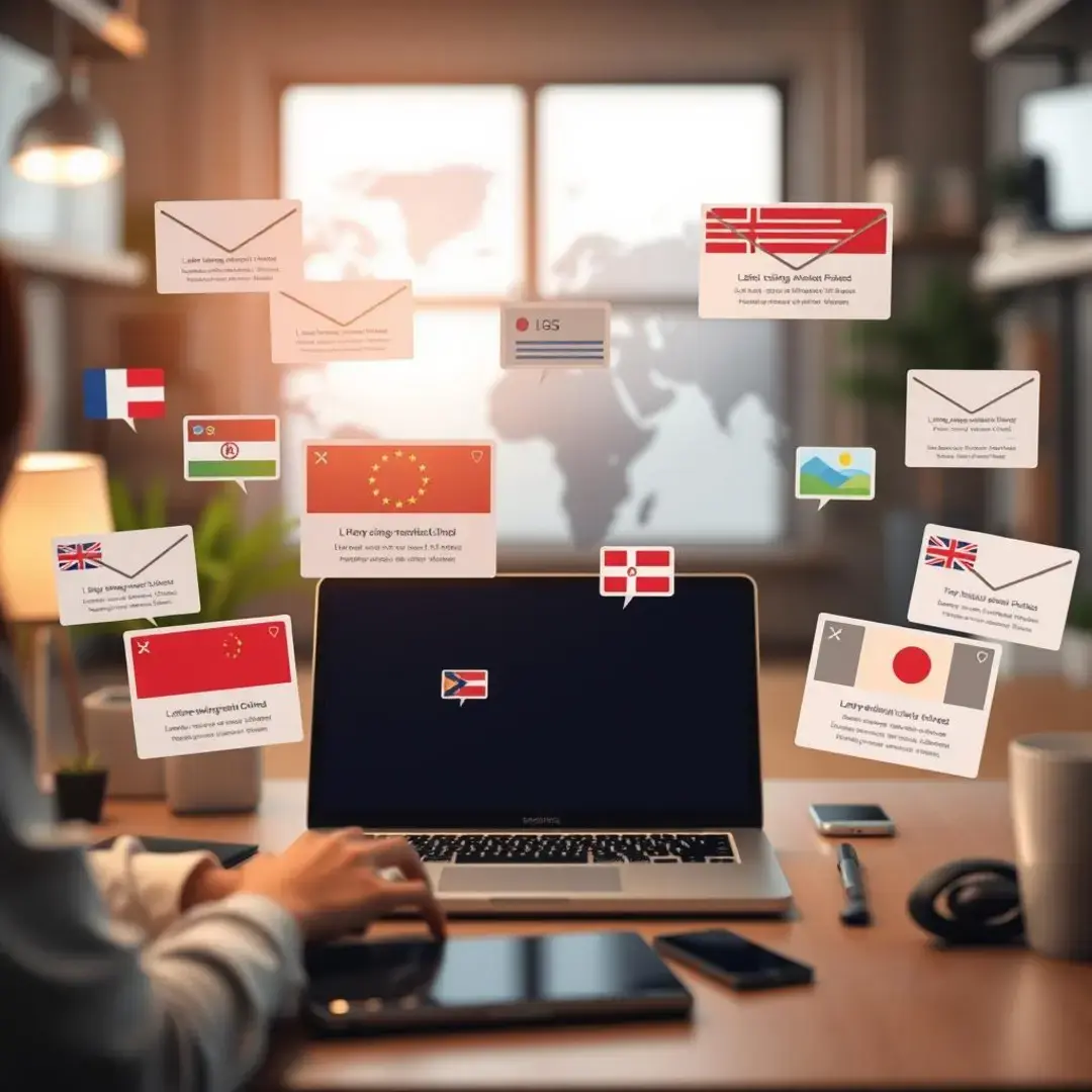 Multilingual emails, AI translations, diverse communication tools, global collaboration.