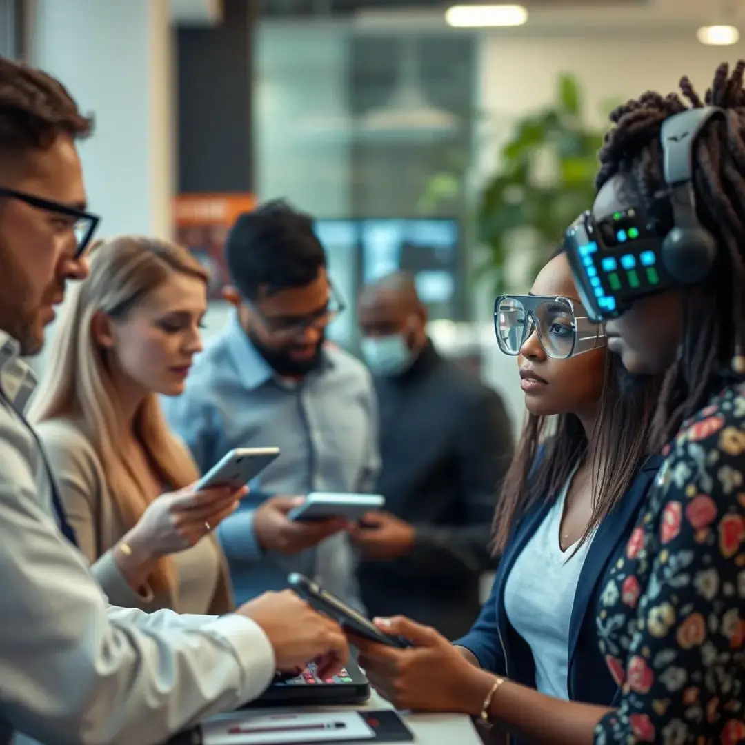 Diverse individuals engaging with AI technologies in various settings.