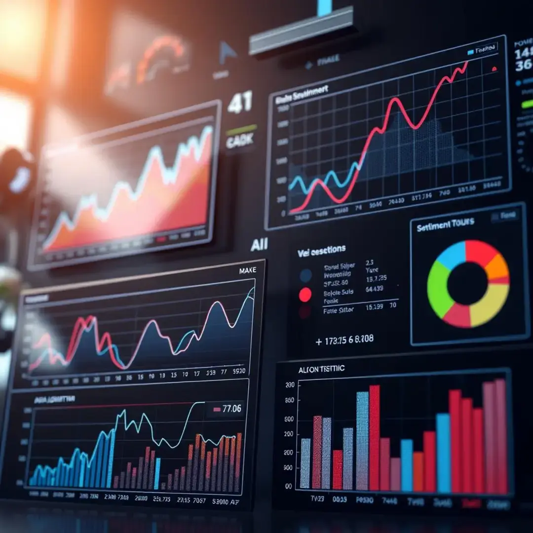 Graphs depicting data trends, AI algorithms, and sentiment visualization.