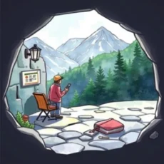 A person in a cave using a smartphone, overlooking mountains and forests.