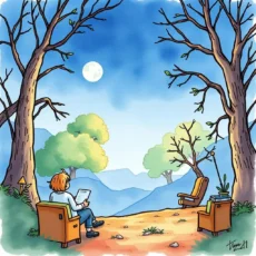 Person reviewing documents in a serene landscape under a full moon.