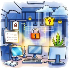 A secure IT workspace illustrating multi-factor authentication tools and access controls.