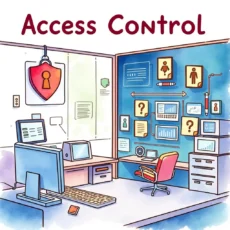 Illustration of an it workspace focused on access control processes.