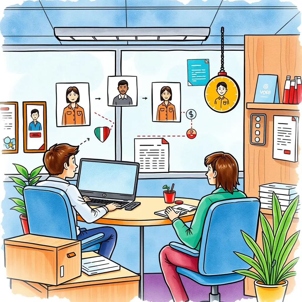 Account bridging assistant: Help users create connections between profiles 1 A collaborative office scene with two employees working on account management tasks to bridge customer profiles.