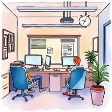 A modern office setting with two employees working at desks with computers, highlighting collaboration.