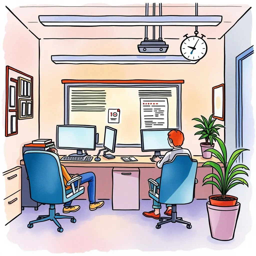 Account connection generator: Generate instructions for account linking 1 A modern office setting with two employees working at desks with computers, highlighting collaboration.