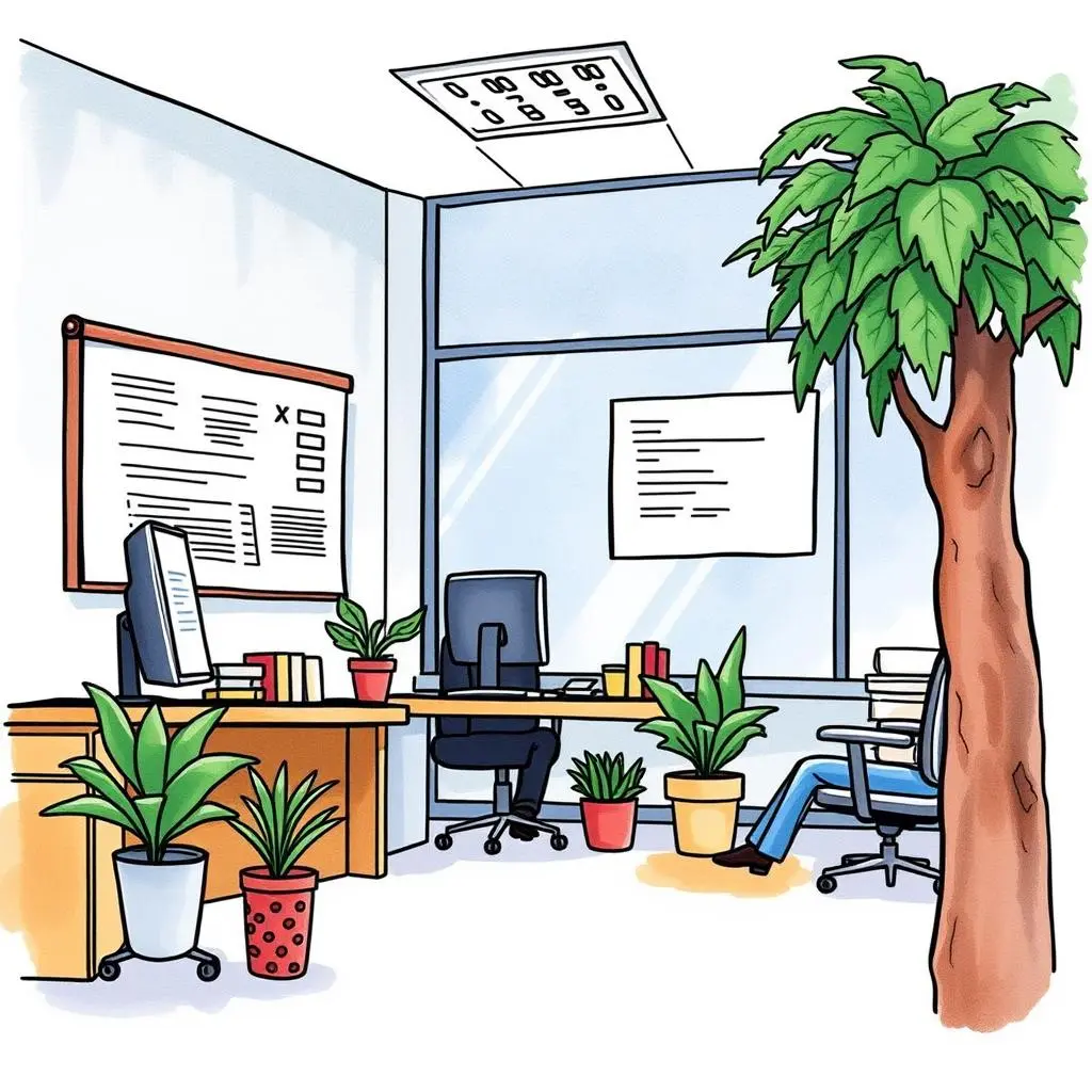 Account update logger: Record and manage account update details 1 Account management office with plants and desk setup