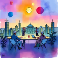 Collaborative outreach strategy meeting with diverse professionals discussing plans in a vibrant cityscape.