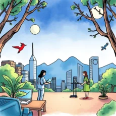 Two professionals discussing insights with a city skyline backdrop.
