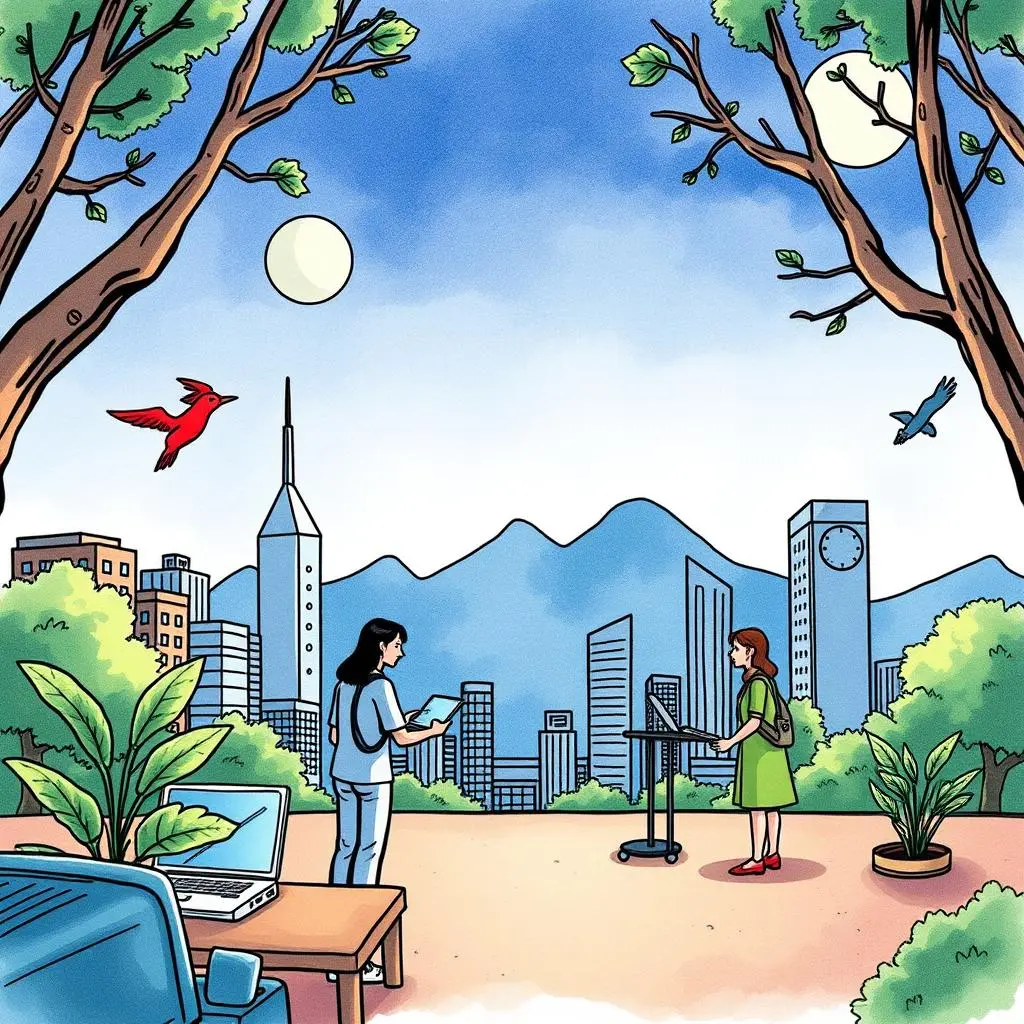 Competitor insight generator: Summarize competitor strengths and weaknesses 1 Two professionals discussing insights with a city skyline backdrop.