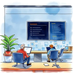 A collaborative business meeting displaying a sales team analyzing competitor profiles on screens.