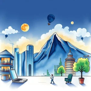 A serene landscape with a laptop in the foreground and skyscrapers, mountains, and balloons in the background.