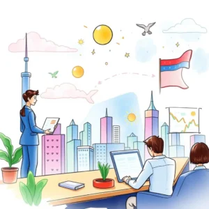 Marketing professionals analyzing competitor strategies with city skyline in background