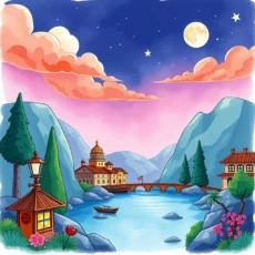 A serene landscape featuring mountains, a calm river, and charming buildings under a twilight sky
