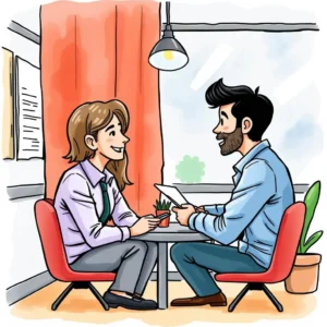 Smiling professionals discussing sales strategies at a table with a plant in a bright office setting.