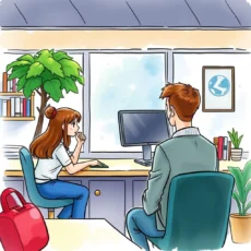 A customer support specialist suggests solutions in an office setting.