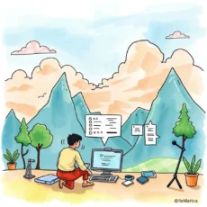 User analyzing project timelines on a computer surrounded by mountains.