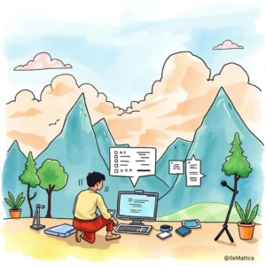 A person analyzing project timelines on a computer in a serene mountain landscape.