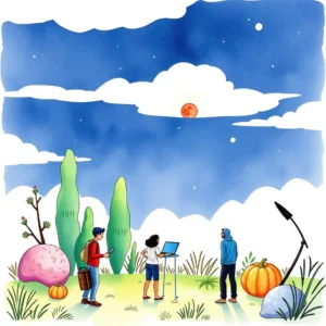 Three professionals analyze social media engagement metrics outdoors under a moonlit sky.