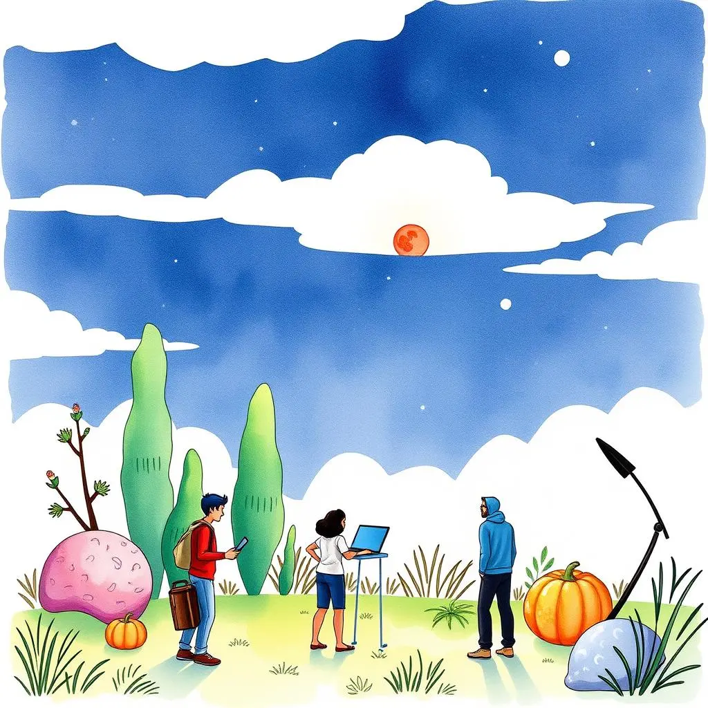 Engagement evaluator: Assess engagement metrics for social media content 1 Three professionals analyze social media engagement metrics outdoors under a moonlit sky.
