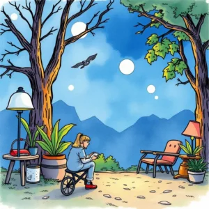 Person analyzing data in a serene outdoor setting surrounded by nature.
