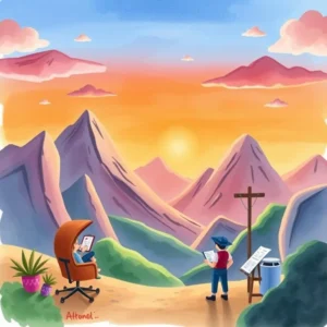 People analyzing data in a scenic mountain landscape at sunset.