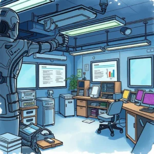 A futuristic office space designed for data archiving featuring high-tech equipment and screens showcasing analytics