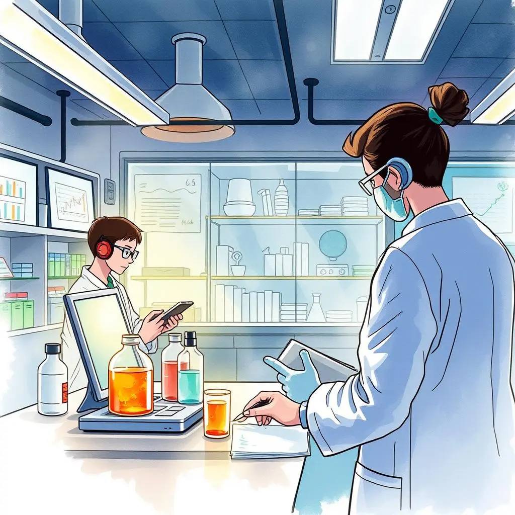 Data integrity checker: Ensure accuracy of results with AI assistance 1 A data analyst and researcher in a lab, inspecting samples with a computer and charts nearby.