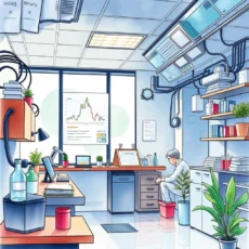 A modern office workspace showcasing a researcher analyzing data for accuracy assessments in R&D