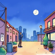 A person stands in an urban night scene, looking up at the moon surrounded by buildings and plants.