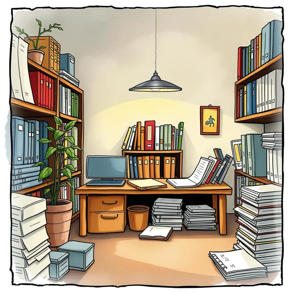Data collection organizer: Compile and format records for storage 1 Data collection organizer tool in a well-organized office environment with shelves of documents and a desk
