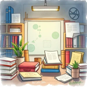 A cluttered desk filled with books, papers, and a plant, ideal for document analysis in archiving.