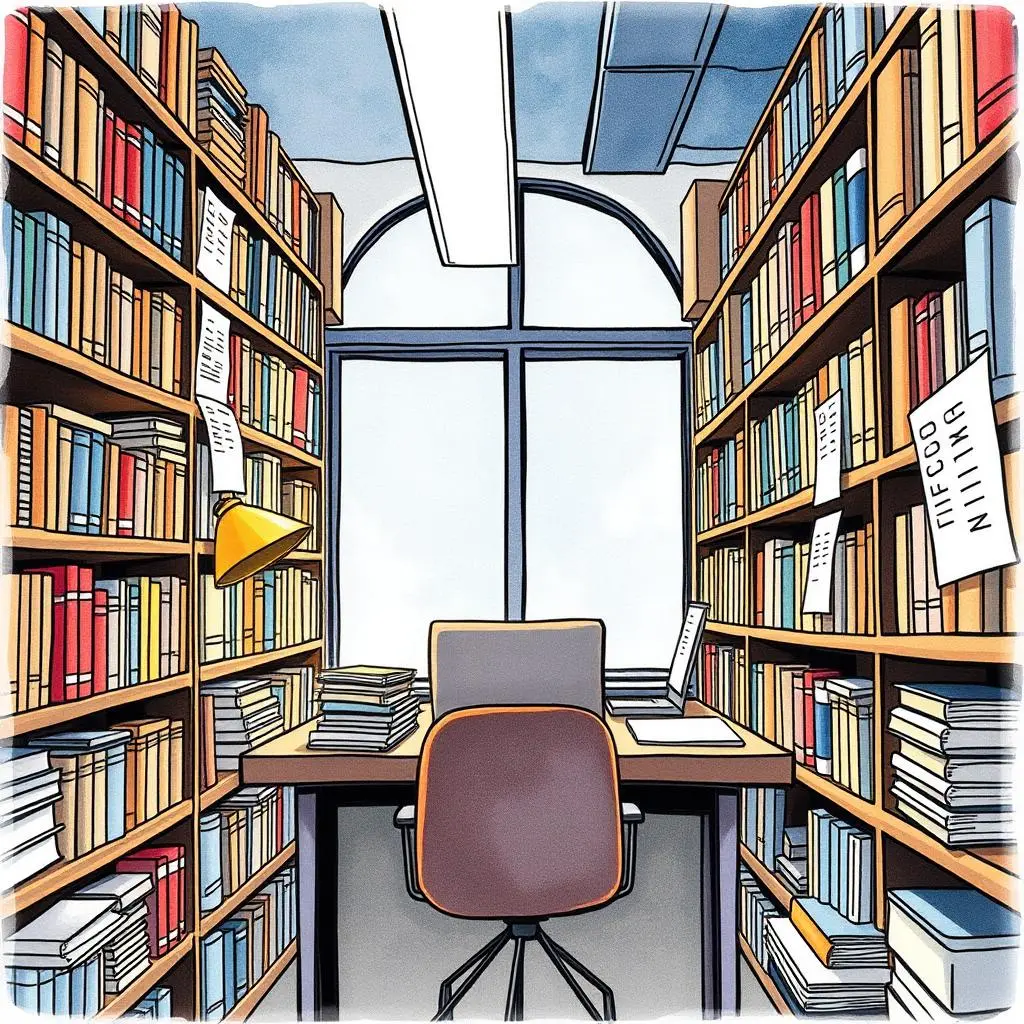 Record evaluation assistant: Analyze and summarize records for review 1 A workspace filled with books and a computer desk for record evaluation tasks