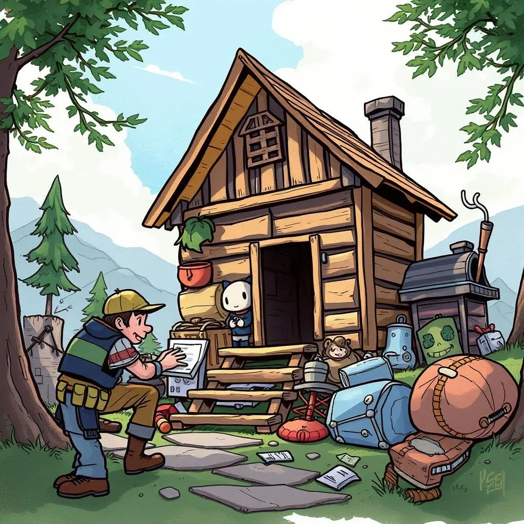 Training program feedback synthesizer: Aggregate input for program improvements 1 A person analyzing documents outside a wooden cabin, representing feedback gathering for training programs