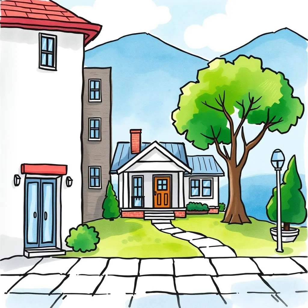 A cozy residential scene illustrating various building types for the Budget Adjustment Advisor tool