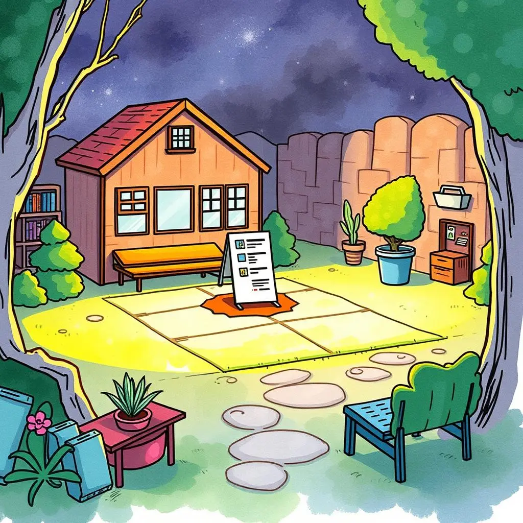 Permission adjustment request tool: Facilitate requests for permission changes 1 A cozy outdoor scene with a tool request sign, representing the Permission Adjustment Request Tool.