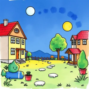 Colorful illustration of a serene garden with houses, trees, and a friendly character.