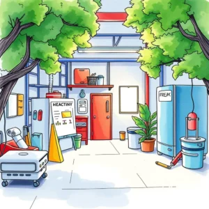 Scheduled asset maintenance generator: Create customized maintenance schedules easily 3 A well-organized maintenance workspace featuring equipment, a noticeboard, and greenery for an asset management tool.