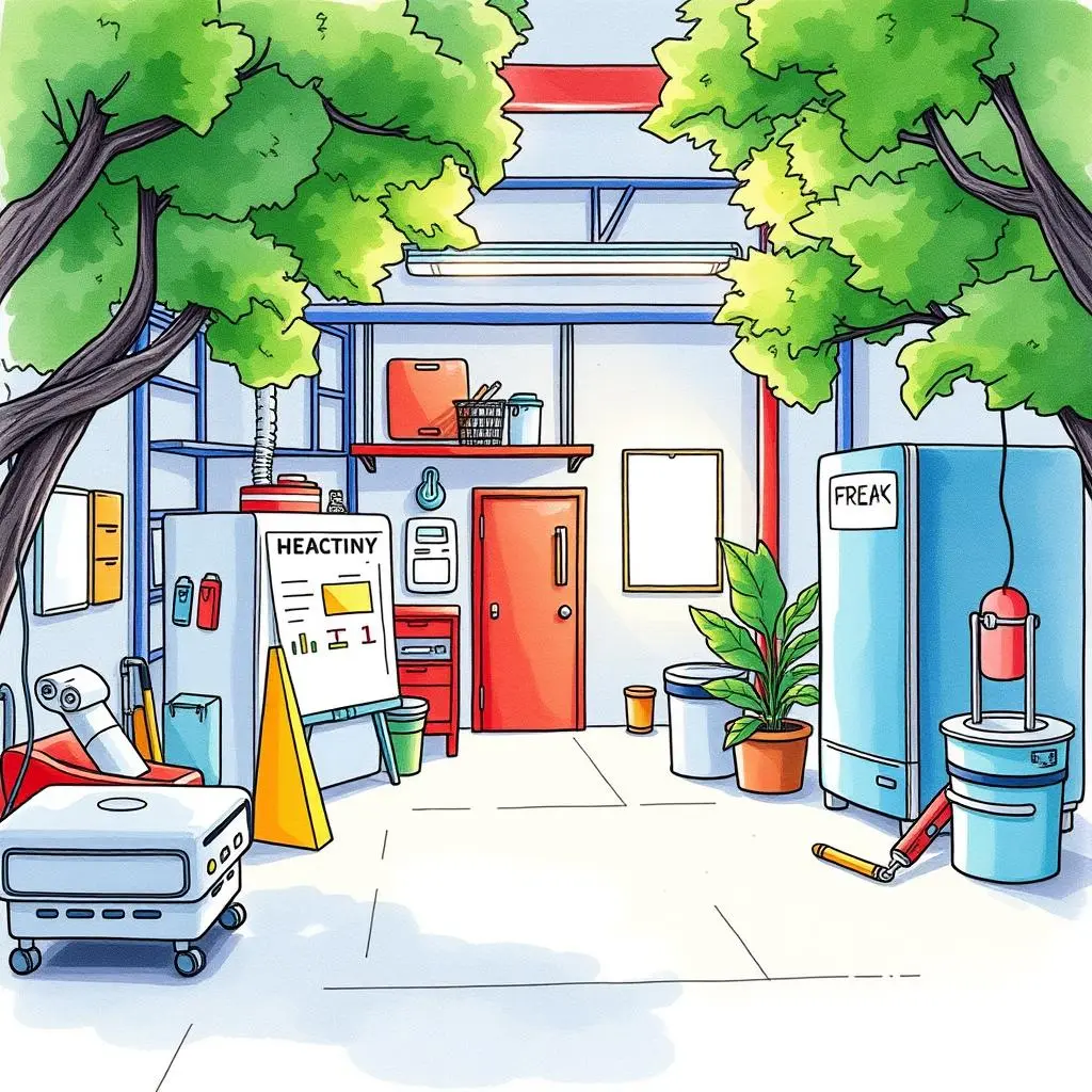 Scheduled asset maintenance generator: Create customized maintenance schedules easily 1 A well-organized maintenance workspace featuring equipment, a noticeboard, and greenery for an asset management tool.
