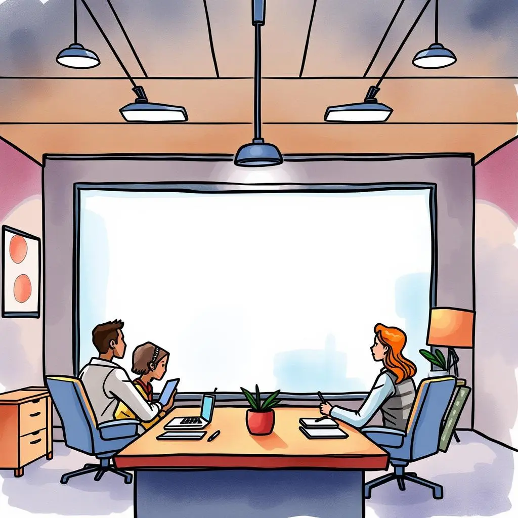 Project agenda enhancer: Elevate your project meeting agendas instantly 1 A team prepares for a project meeting in a modern office with a large presentation screen.