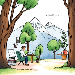 A person using a laptop in a serene, tree-filled outdoor workspace with mountains in the background.